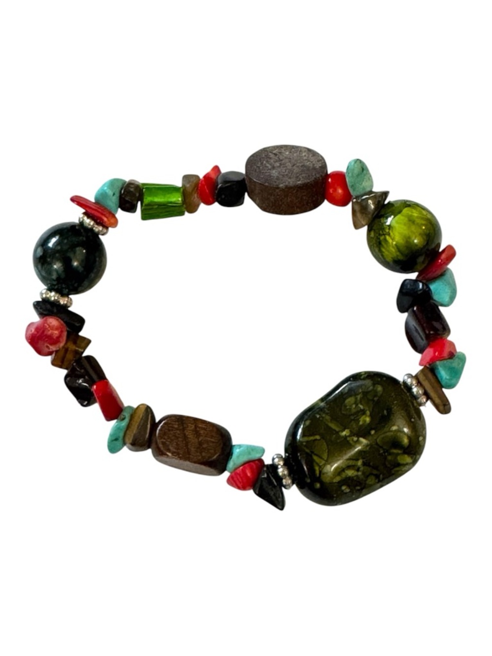 Mixed Bead Stretch Bracelet Wood Turquoise Howlite Tiger’s Eye Boho Earthy 💫